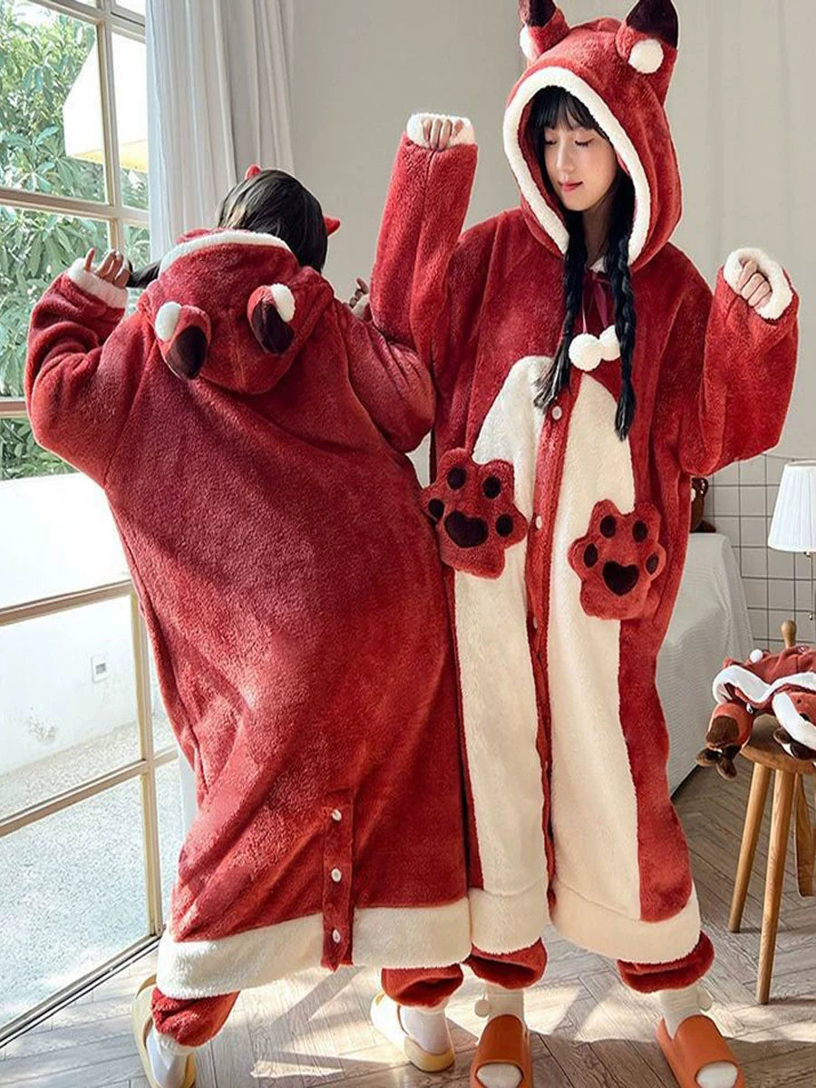 Cute little fox pajamas mid-length bathrobes Two Pieces Set