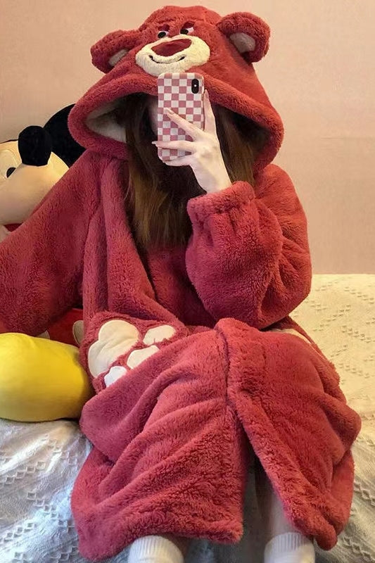Strawberry Bear coral velvet Robe pajamas Sleepwear