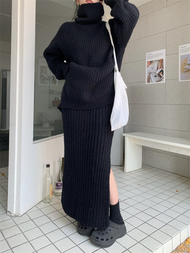 2pc Set of High Collar Loose Sweater & Long slit Skirt